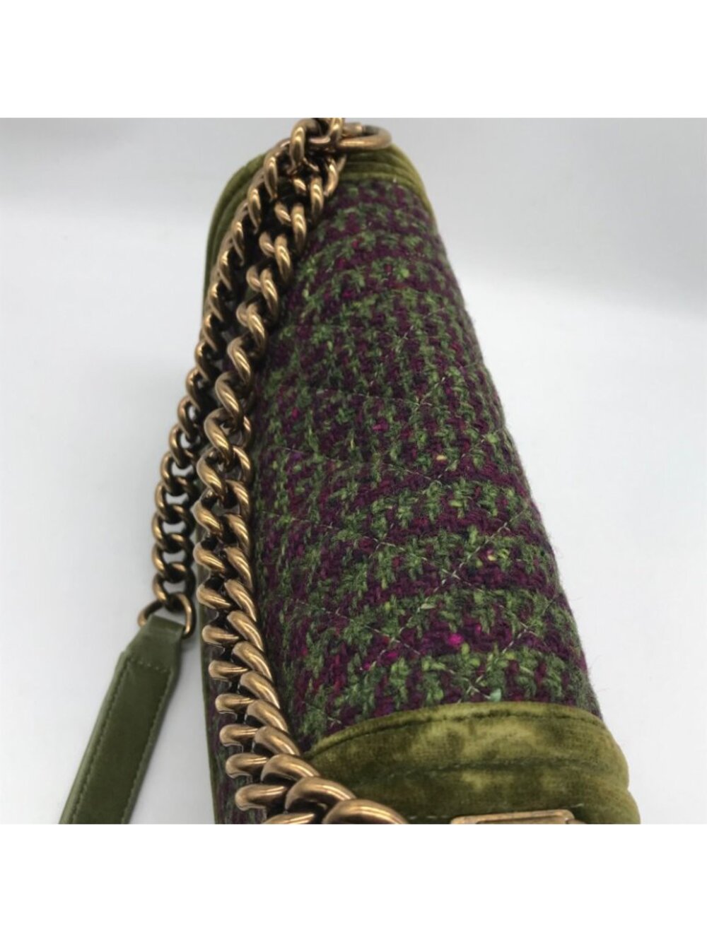 Chanel Boy Velvet Tweed Chain Shoulder Bag Green Purple - Picture 9 of 16